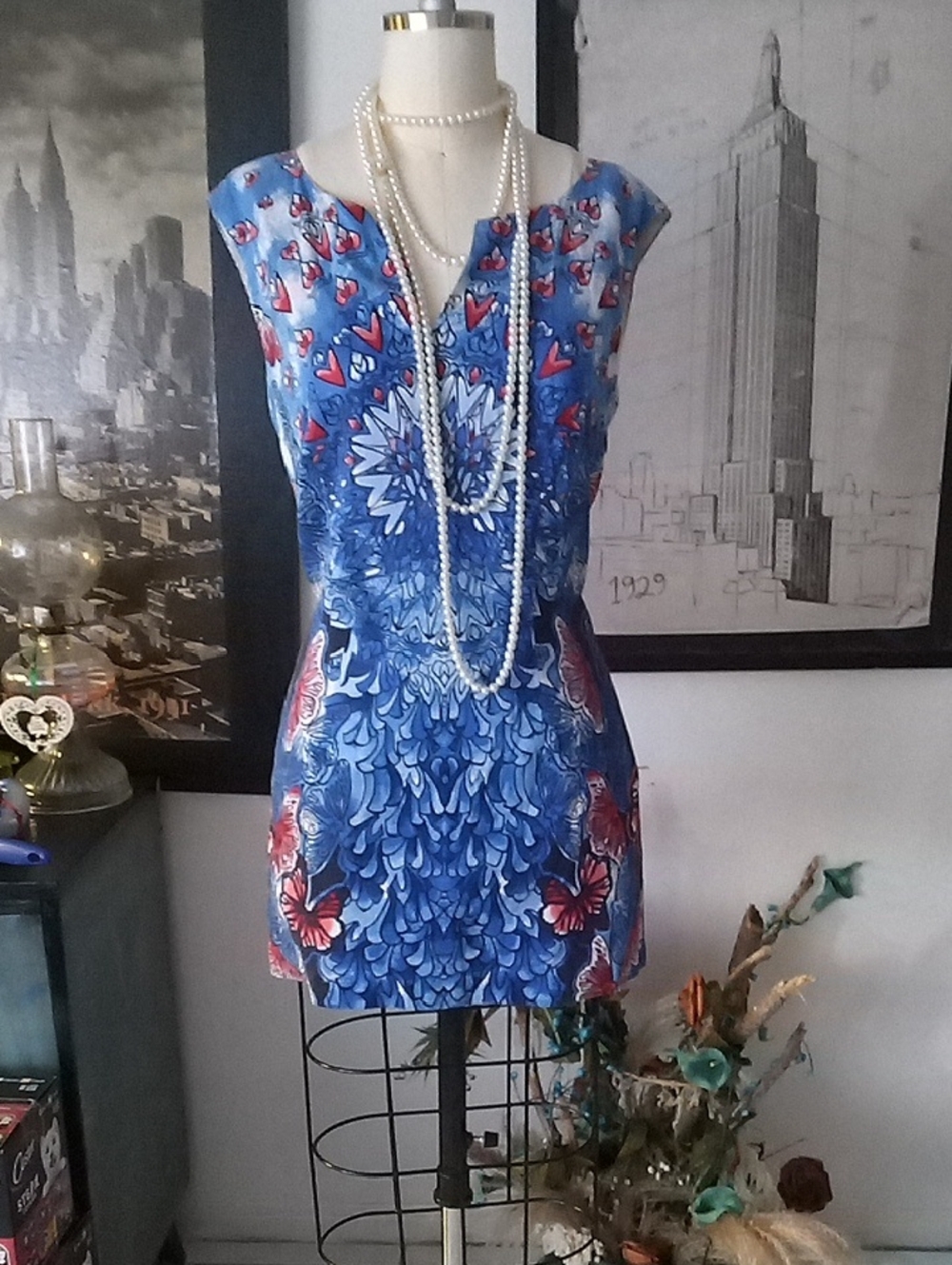 Laundry By Shelli Segal Blue and Red Butterfly Mini Dress